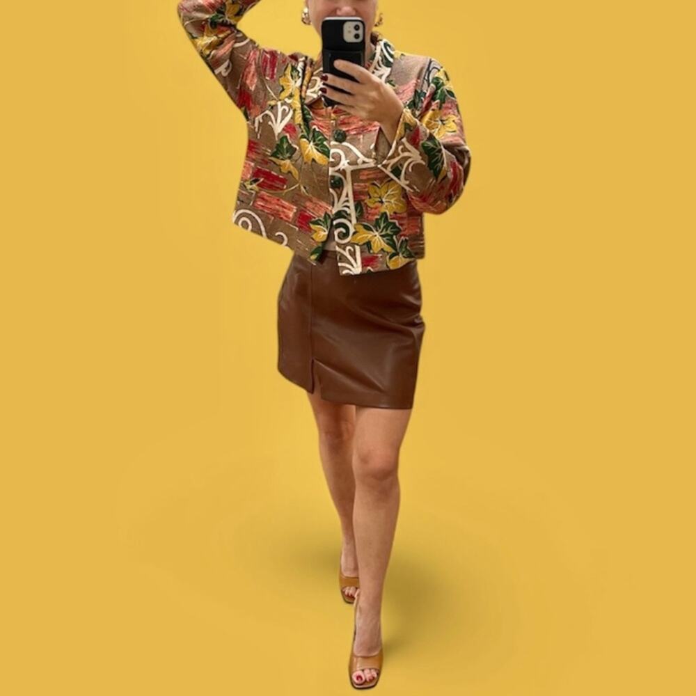 Vintage 60's 70's Unique Cropped Brown Floral Tapestry Jacket, Women's Small - Picture 9 of 9